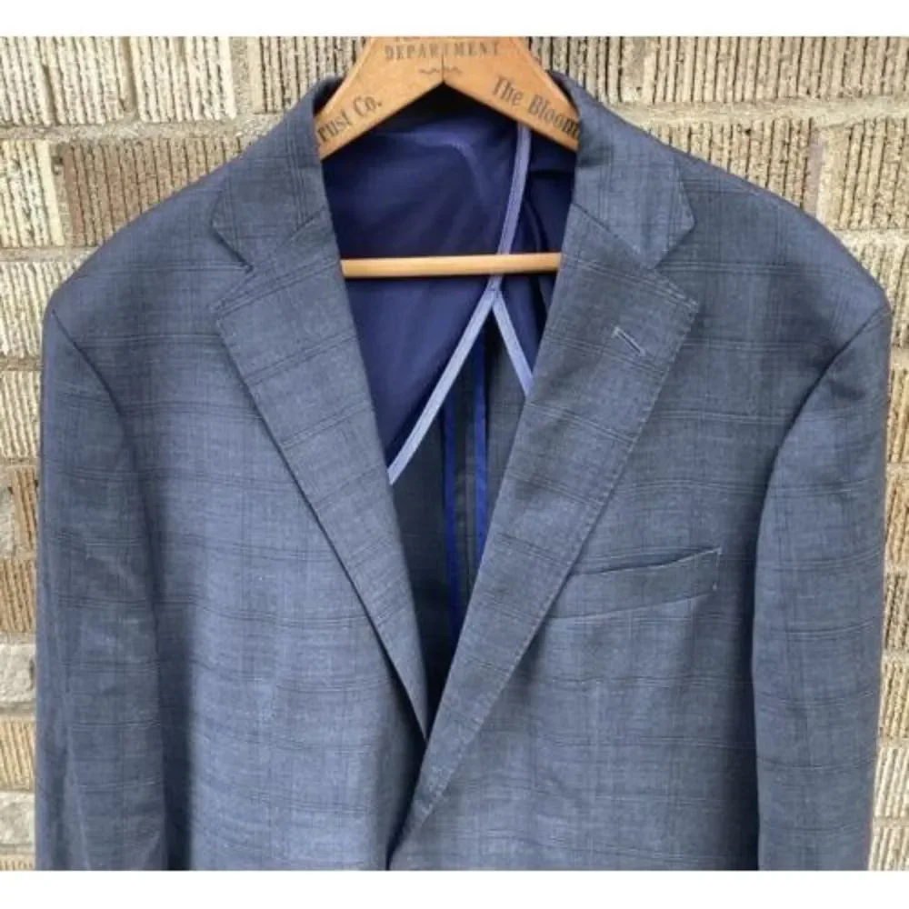 Mens Cole Haan 42L Blue/Gray Plaid Suit Jacket Wool Spandex Blazer 2 Button READ